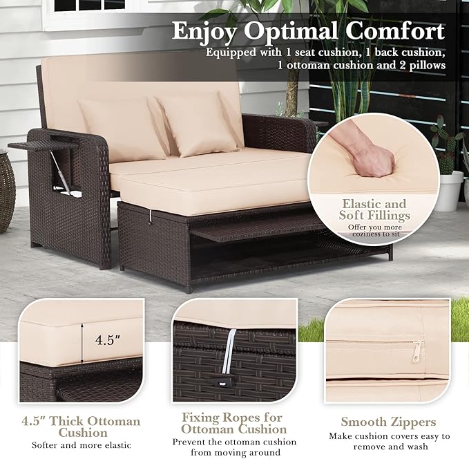 HAPPYGRILL Patio Rattan Wicker Daybed with Loveseat & Storage Ottoman, Outdoor Lounge Sofa Furniture Set with Adjustable Backrest & Side Trays, for Poolside Deck Porch Lawn (Mix Brown & Beige)