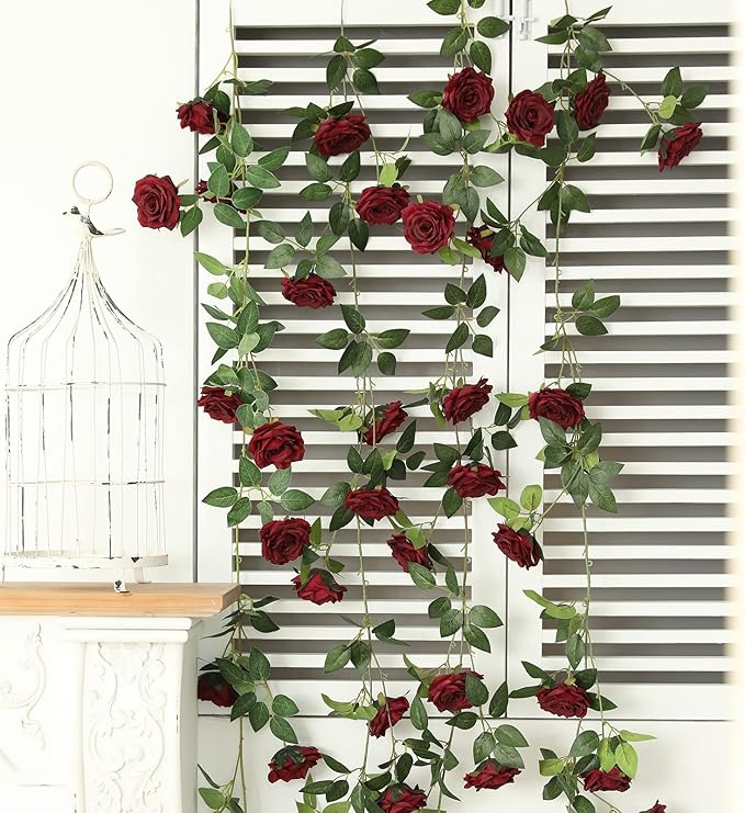 Artificial Plants Greenery: 2 Burgundy Silk Rose Vines, 73 Inches