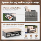 HAPPYGRILL Patio Rattan Wicker Daybed with Loveseat & Storage Ottoman, Outdoor Lounge Sofa Furniture Set with Adjustable Backrest & Side Trays, for Poolside Deck Porch Lawn (Mix Grey & Beige)