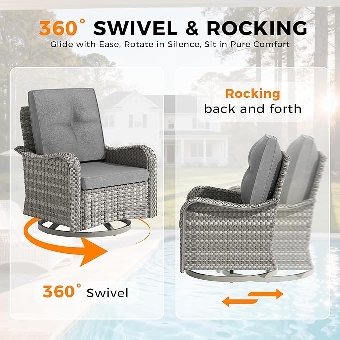 10-Seat Outdoor Wicker Patio Furniture Set with Fire Pit Table, Modular Rattan Sectional Sofa & 2 Swivel Rocking Chairs, 4" Thick Cushions, Rust-Resistant Frame,Gray