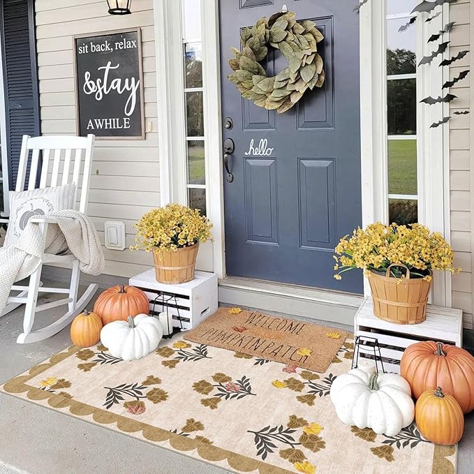 Outdoor Rug 3x5 Beige Floral Entry Mat, Washable Polyester
