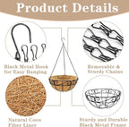 Outdoor Metal Hanging Planters Basket (2pack, 14 inch) Hanging Baskets for Plants Chain Round Wire Plant Holder with Coco Fiber Liners for Garden, Patio, Deck, Porch(Flower Border)