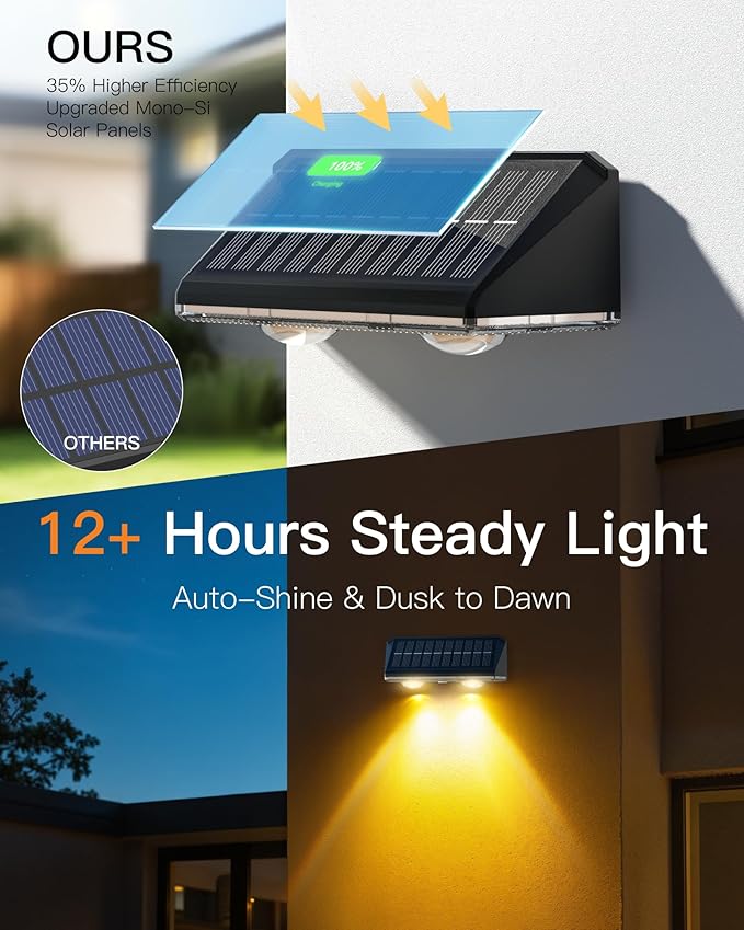 Solar Fence Lights Outdoor, 2 Pack IP65 Waterproof Fence Lights Solar Powered with Ultra-Bright LED Lens, 9 Color Modes, 12+ Hours Steady Glow for Deck/Backyard/Patio/Pool/Wall - Black