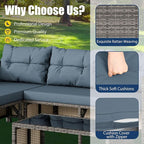 Vongrasig 3 Pieces Patio Furniture Sets, All-Weather Wicker Outdoor Sofa Couch Sectional Set, Small Conversation Set for Patio, Garden w/Cushion, Glass Table, (Blue)