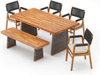 Christopher Knight Home Pasco Acacia Wood Outdoor Dining Table Set for 6, Wicker Patio Dining Set with Acacia Wood Table and Bench, Patio Table and Chair Set with Cushion+Rope Backrest,Black+Teak+Grey