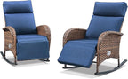 Zero Gravity Patio Rocking Wicker Recliner Chairs Set of 2- Wicker Outdoor Lounge Chair with Adjustable Backrest & Footrest, All Weather Reclining Rocker Chairs with Thick Cushion for Pool Deck Blue