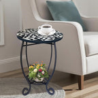 LIFFY Outdoor Side Table,12" Round Ceramic Tabletop Accent Table with Metal Frame, Indoor Small Decorative Plant Stand & End Table for Home, Patio, Garden