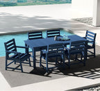7-Piece Navy Blue Outdoor Dining Set for 6, 75.2'' HDPE Table with Umbrella Hole & Chairs, Weather-Resistant Patio Furniture for Garden, Lawn, or Poolside