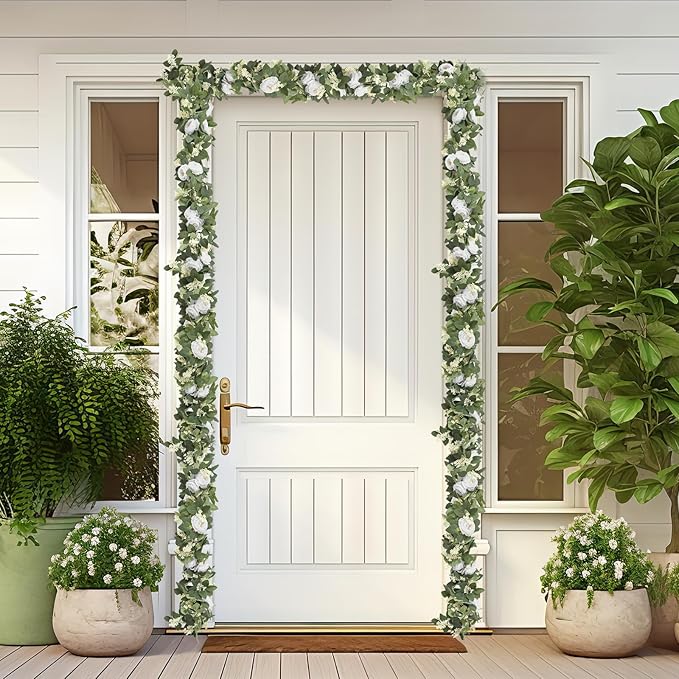 Artificial Eucalyptus Garland 2-Pack, White Roses and Green Leaves