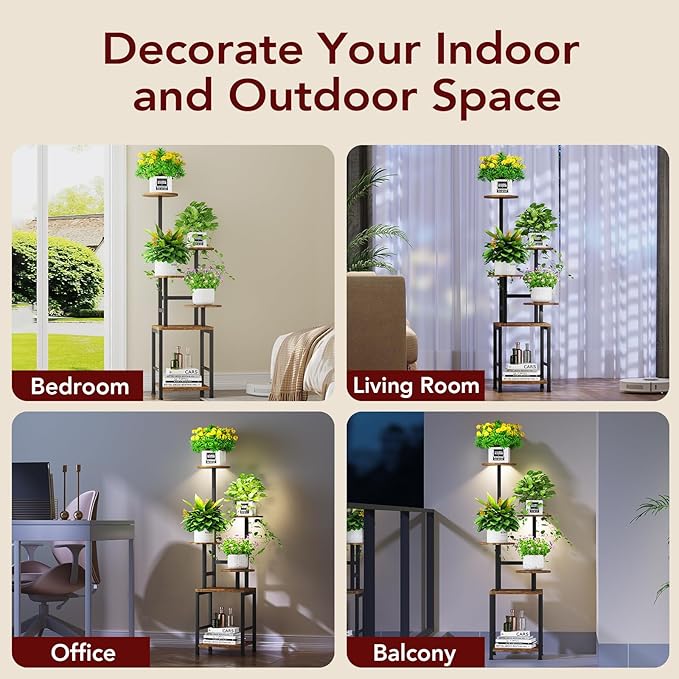 Round Plant Stand Indoor with Grow Light, 5-Tiered Tall Plant Stand Indoor, Metal Plant Shelf with Adjustable Light, Ideal for Living Room, Garden, Patio (Black Brown)