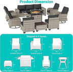 13-Piece Outdoor Patio Furniture Set with Rocking Swivel Chair, PE Wicker Rattan Sectional Sofa Patio Conversation Set with 55,000 BTU Fire Pit Table & Coffee Table, Dark Grey