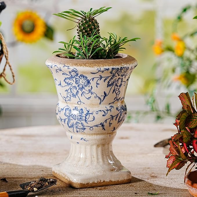 Sungmor Small Ceramic Urn Planter - Blue and White Floral Pedestal Flower Pot, Decorative Vintage Chinoiserie Style Planters, Tuscan Accent Vase Indoor Outdoor Plant Holder with Drainage