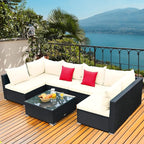 Tangkula 7-Piece Patio Furniture Set, Outdoor Sectional Sofa w/Pillows & Cushions, Wicker Conversation Set with Coffee Table & Tea Table for Garden & Lawn (Beige)