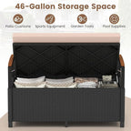 RELAX4LIFE Wicker Outdoor Storage Bench, Rattan Deck Box w/Protective Liner for Patio Furniture Pillows & Garden Tools, Porch Loveseat with Seat Cushion, Acacia Wood Armrests (Black-Beige)