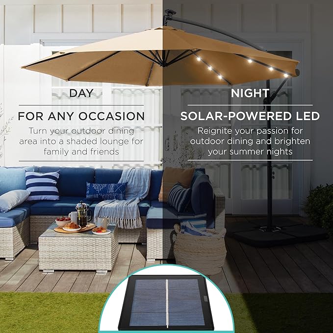 Best Choice Products 10ft Solar LED Offset Cantilever Hanging Market Patio Umbrella, 8 Sturdy Ribs, Easy Adjustment - Sand