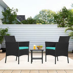 FDW 3 Piece Outdoor Furniture Set Patio Wicker Chairs Furniture Bistro Conversation Set 2 Rattan Chairs with Blue Cushions and Glass Coffee Table for Porch Lawn Garden Balcony Backyard