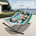 SUPERJARE Curved-Bar Hammock with Stand, 2 Person Heavy Duty Hammock Frame, Detachable Pillow & Portable Carrying Bag, Perfect for Outdoor & Indoor, Green Bold Stripe