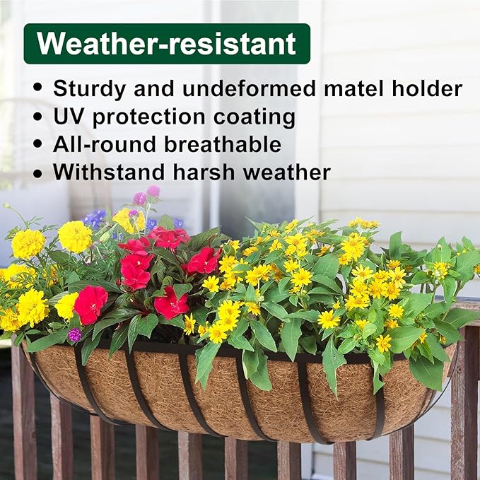 DUNCHATY Railing Planter Window Box - 2 Pack 24" Horse Trough Planter with Coco Fiber Liner - Deck Balcony Rail Planter for Porch Fence Patio Outdoor