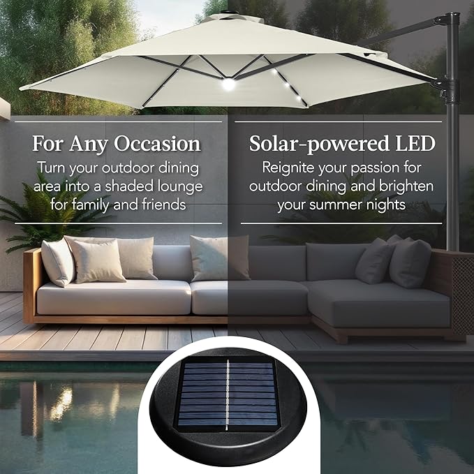 Best Choice Products 10ft Solar LED Offset Cantilever Hanging Market Patio Umbrella, Smooth 360° Rotation, 8 Sturdy Ribs, Easy Adjustment - Ivory