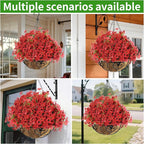 Artificial Hanging Flower for Outdoors, Fake Hanging Basket for Outside,1 Hanging Basket with 13 Pcs Faux Silk Flowers for Porch, Balcony and Patio Decor(Red)