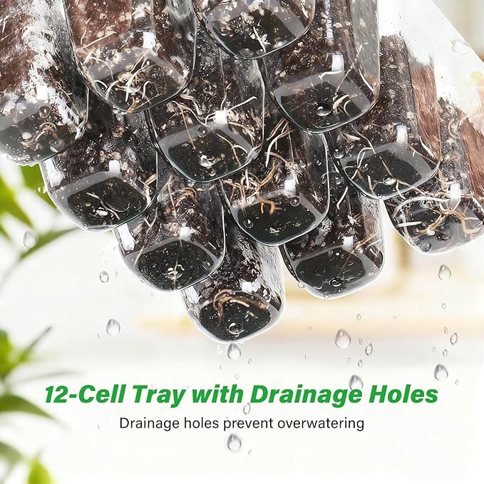 Bonviee 12 Packs Seed Starter Tray with Drainage Holes, Reusable & Durable, Clear for Root Monitoring, Easy to Repotted Without Root Damage, 12 Cells per Tray