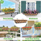 HFHOME 24 inch Window Deck Rail Planter Including Coco Liner, 24" Dia Window Box Horse Trough with Coconut Coir Liners, Black Metal Hanging Flower Planter Basket for Indoor Outdoor Lawn - Set of 2