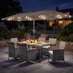 Tangkula 9 Pieces Rattan Outdoor Dining Set with 13Ft Solar Patio Umbrella for 6, Outdoor Wicker Table Set with 8 Cushioned Chairs, Acacia Wood Top, Outdoor Umbrella with Base Included