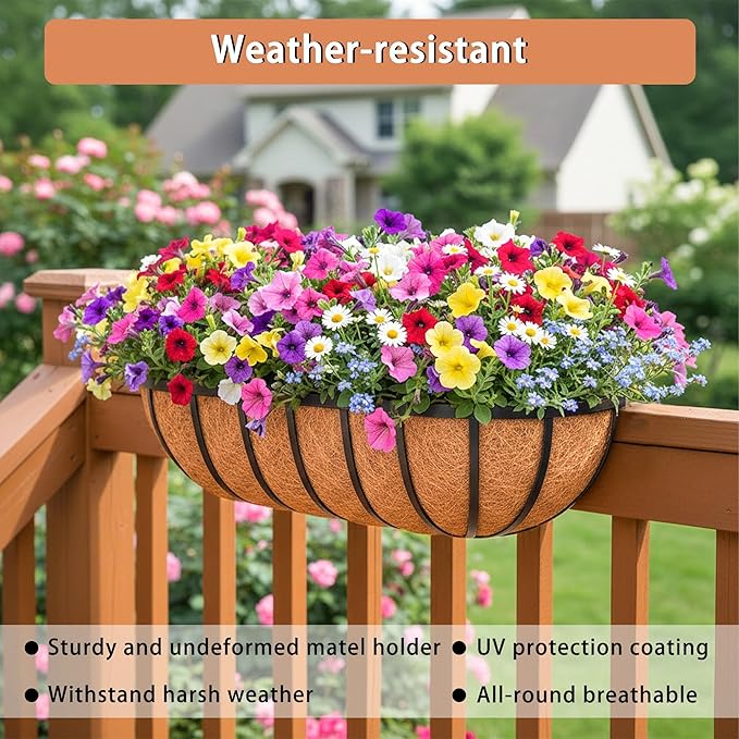 30'' Window Box Railing Planter with Coco Liner,4 Pack Horse Trough Planters Black Metal Hanging Flower Planters Basket for Porch Fence Patio Indoor Outdoor Lawn