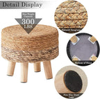 Wimarsbon Round Foot Stool Natural Seagrass Poufs Ottoman Hand Weave Footrest Stool for Couch Desk Extra Seat Step Stool with Solid Wood Legs for Hallway Patio Lounge Brown