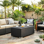 ONBRILL Outdoor Coffee Table with Storage, Rattan Storage Coffee Table with Internal Waterproof Bag, Low Side Table for Patio, Porch, Backyard, Poolside - Black
