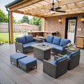 Belord Outdoor Sectional Sofa with 41" Propane Fire Pit Table - 9 Piece Patio Conversation Set with Storage Box and Swivel Rocker Chairs All-Weather PE Wicker Furniture Set Brown