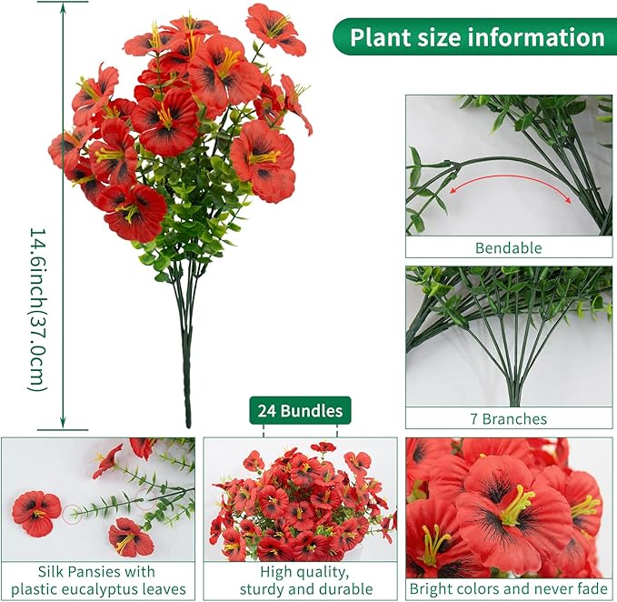 24 Bundles Artificial Pansy Flowers for Outdoor, Faux Silk Pansies Spring Flowers Outside for Planter Front Door Porch Patio Yard Window Box Home Decor (Red)