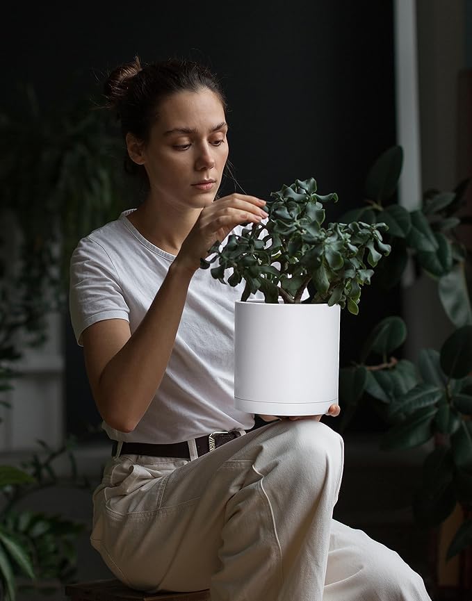 Planters Set of 4 White Plastic Pots with Saucers, 6.5 Inch Matte