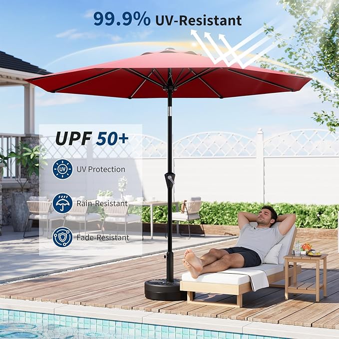 Garvee 9FT Patio Umbrella - Outdoor Table Umbrella with Smooth Crank Lift, Push Button Tilt and 8 Sturdy Ribs - Market Umbrella UV Protection Waterproof for Pool, Deck, Yard, Garden -Red