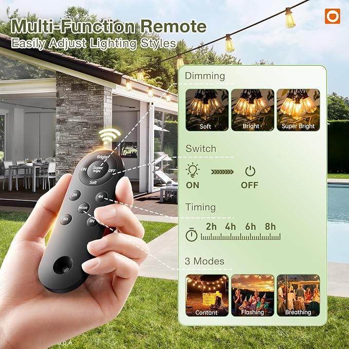 String Lights 33 FT Solar Outdoor, Black, 9 Bulbs with Remote