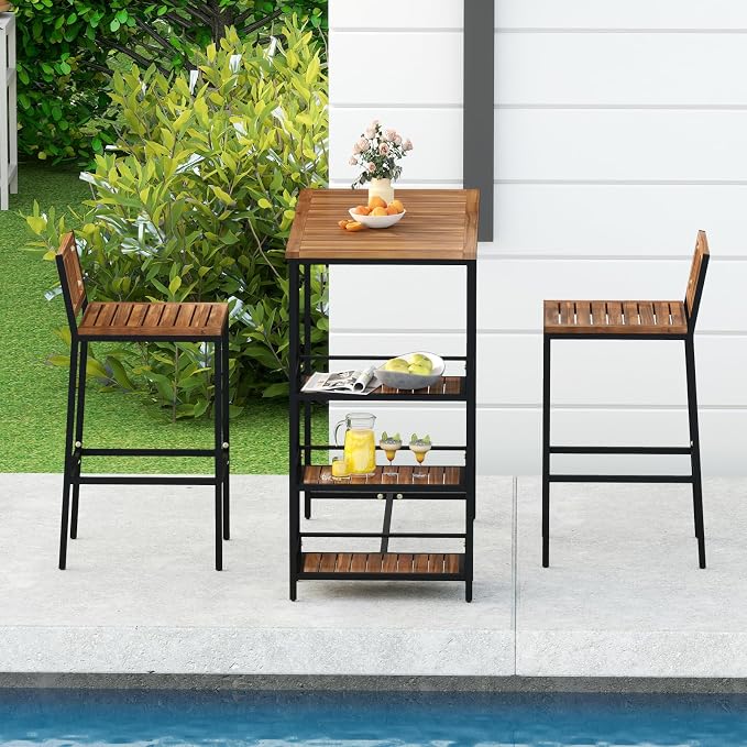 Bar Set, 3-Piece Outdoor Acacia Wood Bar Table & 2 Stools, Natural