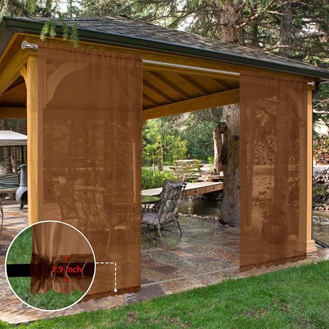 SpaceDresser Waterproof Outdoor Sheer Curtains for Patio - 2 Panels Rod Pocket Indoor Voile Sheer Curtain for Living Room,52W x 96L inch, Brown