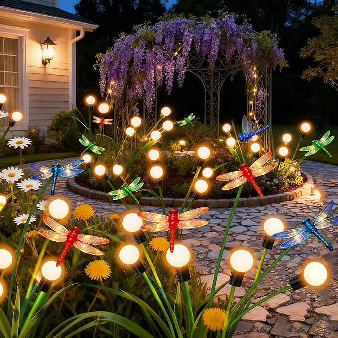 Solar Garden Lights Outdoor - 2 Pack Dragonfly Solar Swaying Light, Sway by Wind, Firefly Lights Outdoor Yard Patio Pathway Decoration, Big Bulb, High Flexibility Iron Wire & Realistic Dragonflies