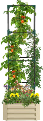 Outsunny Galvanized Raised Garden Bed, 73.5" Tall Outdoor Planter Box with Trellis Tomato Cage and Open Bottom for Climbing Vines, Vegetables, Flowers in Backyard, Garden, Patio, Cream