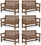 SERWALL Outdoor Bench, HDPE Outdoor Benches Weatherproof, 2-Person Garden Bench with 660 lbs Weight Capacity, Patio Benches for Outdoors, Garden, Porch, Backyard and Park, Brown, 6 Pack