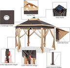 Yaheetech 13×13 Pop-Up Patio Gazebo Tent W/Mesh Netting Sides & 25 Solar LED Lights, Hexagonal Double Vented 3 Height Adjustable Gazebo with Storage Bag for Backyard, Garden, Lawn, Khaki & Brown