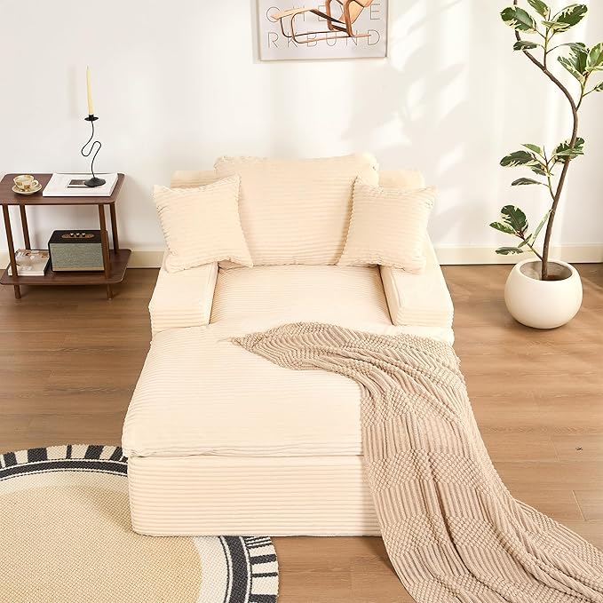 63" Chaise Lounge Chair Indoor, Set of Convertible Sleeper Sofa Couch with Throw Pillows & Side Pockets, Corduroy Upholstered Oversized Sofa Bed with Armrests for Living Room Bedroom, Beige