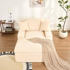 63" Chaise Lounge Chair Indoor, Set of Convertible Sleeper Sofa Couch with Throw Pillows & Side Pockets, Corduroy Upholstered Oversized Sofa Bed with Armrests for Living Room Bedroom, Beige
