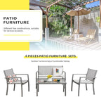 Shintenchi 4 Pieces Patio Furniture Set All Weather Textile Fabric Outdoor Conversation Set, with Glass Coffee Table, Loveseat, 2 Single Chairs for Home, Garden, Lawn, Porch（Silver）