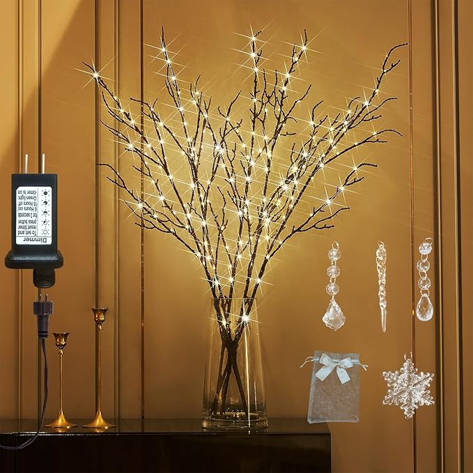 Indoor String Lights, Brown Twig Branches with 200 Warm White LEDs