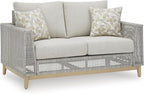 Signature Design by Ashley Seton Creek Cottage Nuvella Weather Resistant Fabric Outdoor Loveseat with Cushion and 2 Throw Pillows, Light Brown & Light Gray