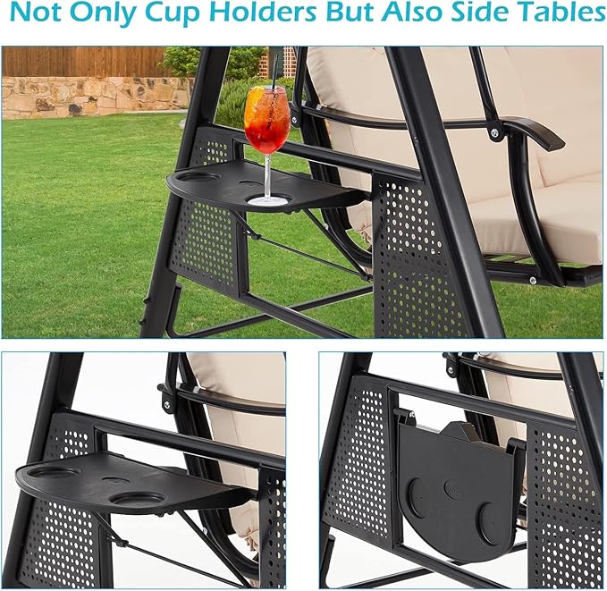 3-Seat Porch Swing with Adjustable Canopy and Beige Cushions