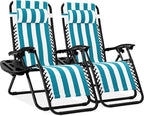 Best Choice Products Set of 2 Adjustable Steel Mesh Zero Gravity Lounge Chair Recliners w/Pillows and Cup Holder Trays - Peacock Striped