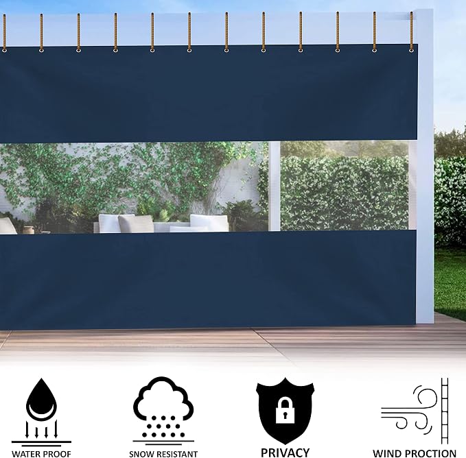 Outdoor Curtains with Clear Vinyl Panels, 8 x 15 ft, Blue