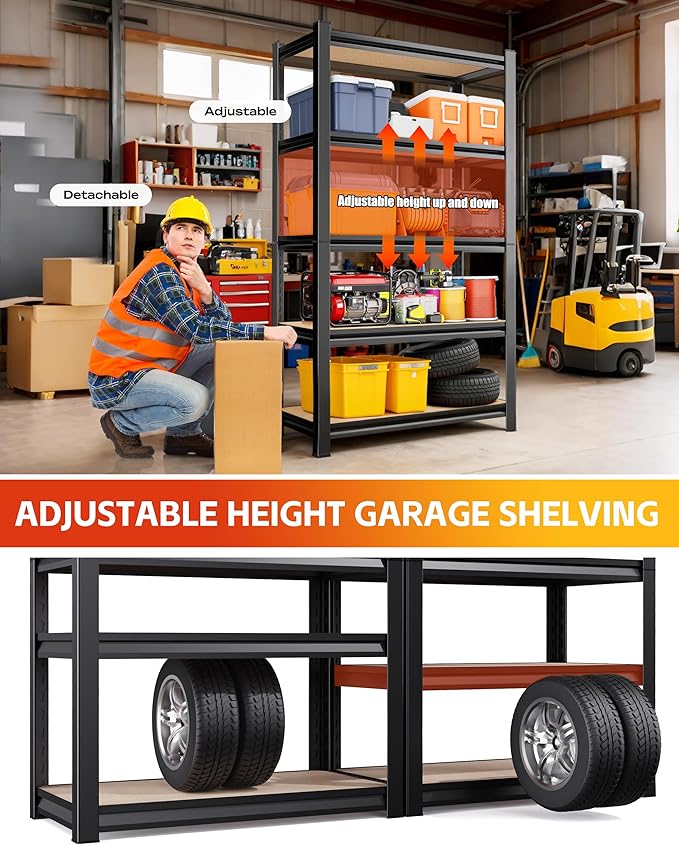 AOAORRG Set of 5 Garage Shelving Heavy Duty Storage Shelves, Metal Adjustable Shelving Unit, Utility Garage Organizer Shelf for Basement, Pantry, Kitchen, Warehouse, 15.7" Dx33.5 Wx35.4 H, Black
